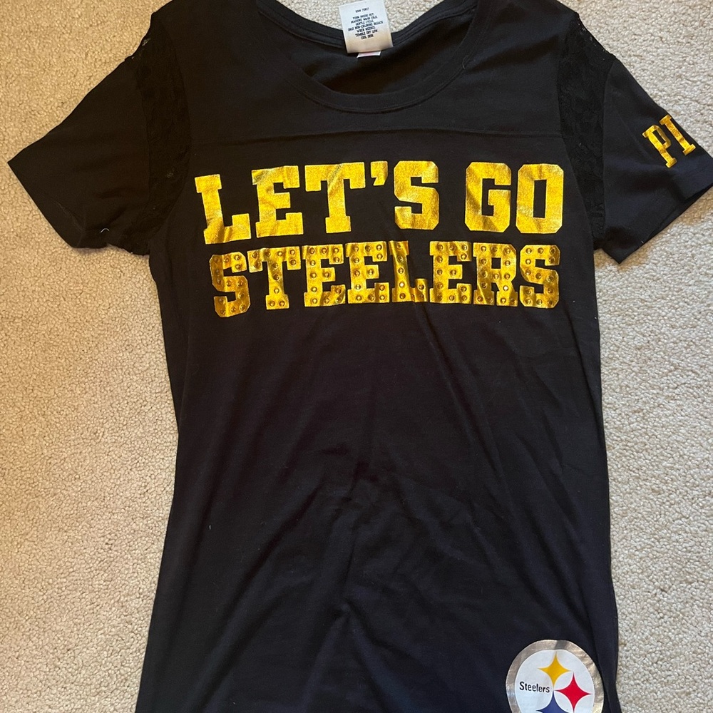 PINK Brand Pittsburgh Steelers Black T-Shirt with Gold Lettering